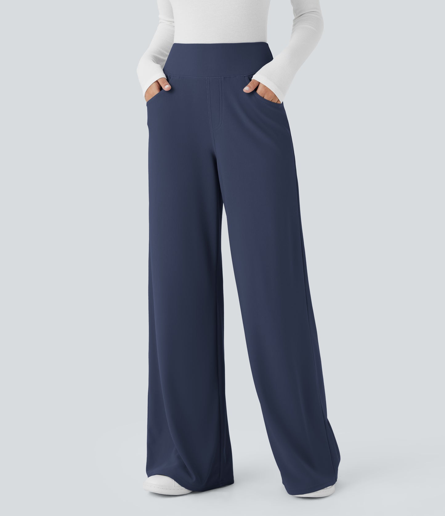 High Waisted Tummy Control Pockets Wide Leg Micro Waffle Work Pants
