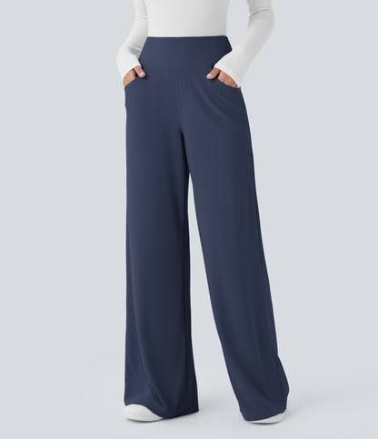 High Waisted Tummy Control Pockets Wide Leg Micro Waffle Work Pants