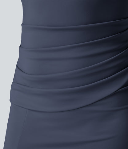 Square Neck Backless Corset Ruched Split Bodycon Midi Cool Touch Bridesmaid and Wedding Guest Dress