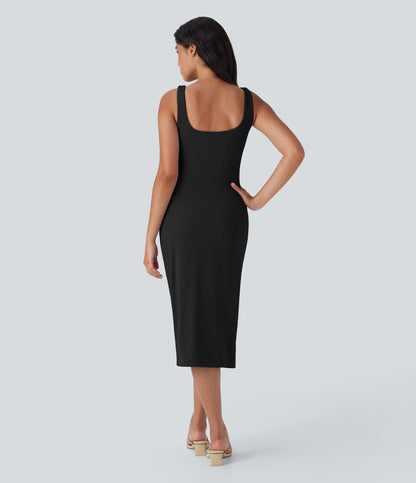 Square Neck Corset Ruched Bodycon Midi Cool Touch Dress-D/DD/DDD/F Cups