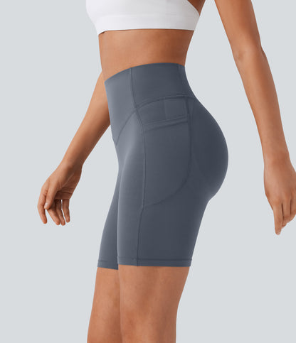 Høy midje, skrumpet rumpeløftende, magekontroll, formende treningsbiker-shorts med sidelommer, 18 cm