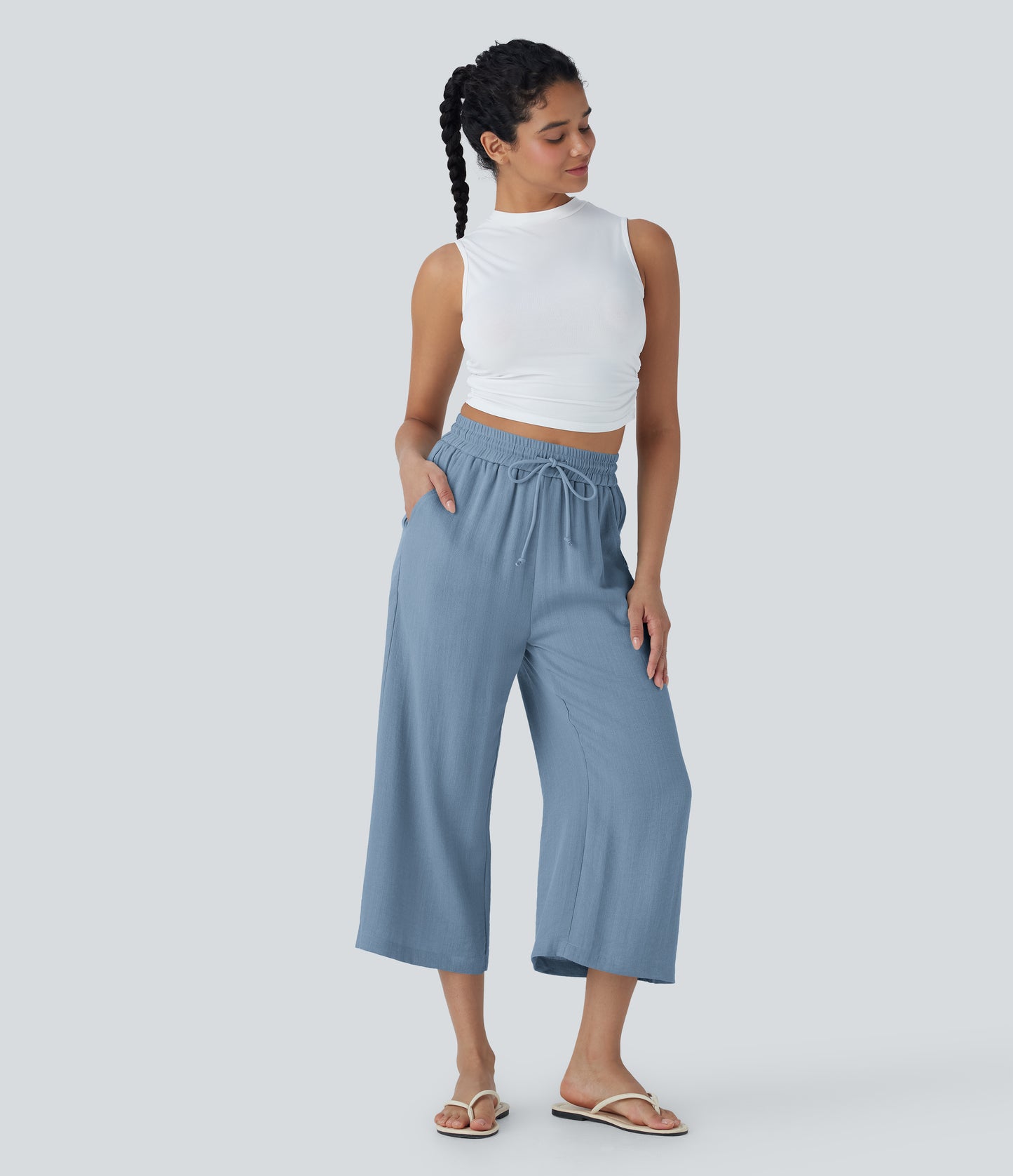 High Waisted Drawstring Wide Leg Cropped Casual Linen-Feel Pants with Pockets