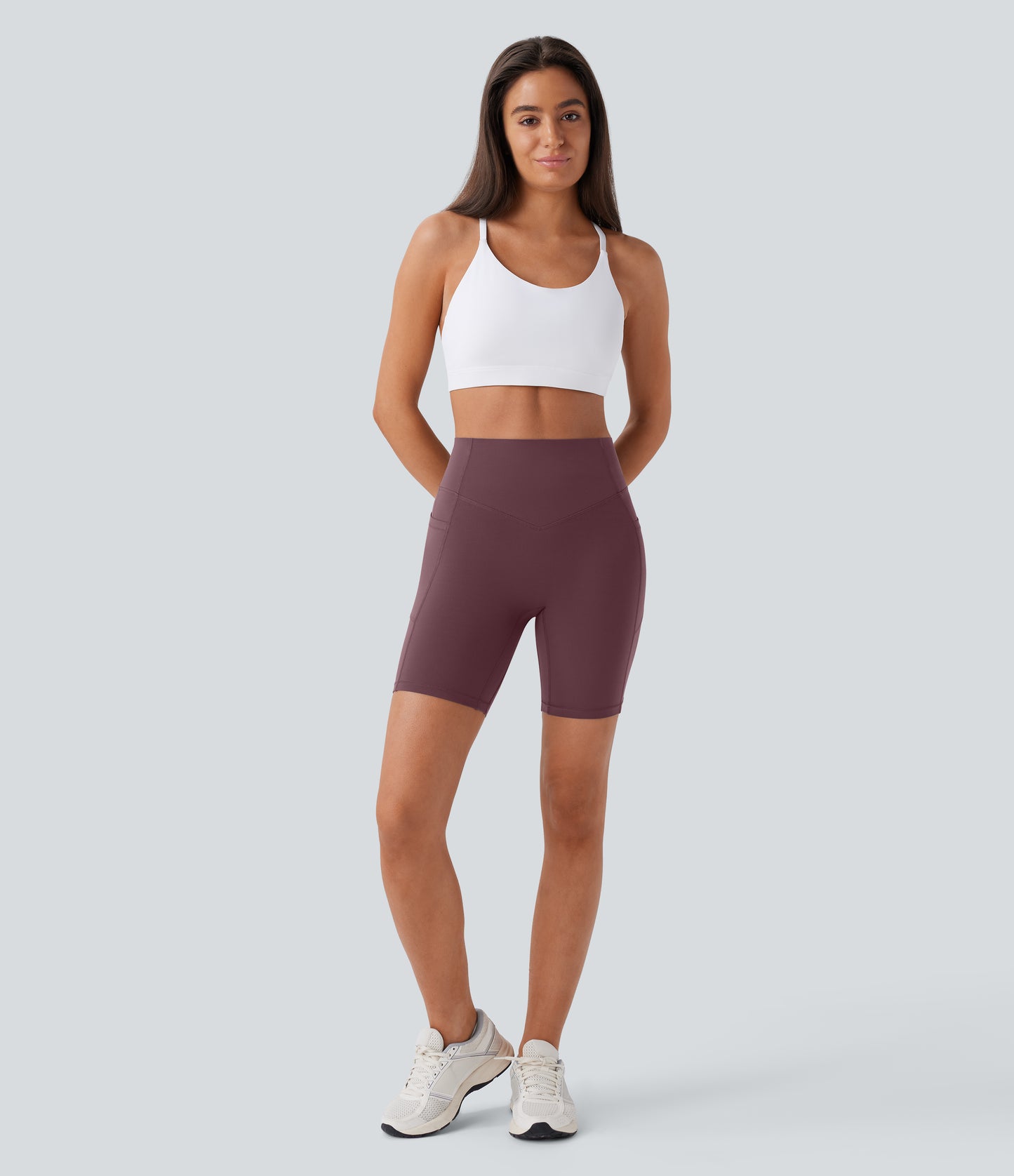 Høy midje, skrumpet rumpeløftende, magekontroll, formende treningsbiker-shorts med sidelommer, 18 cm