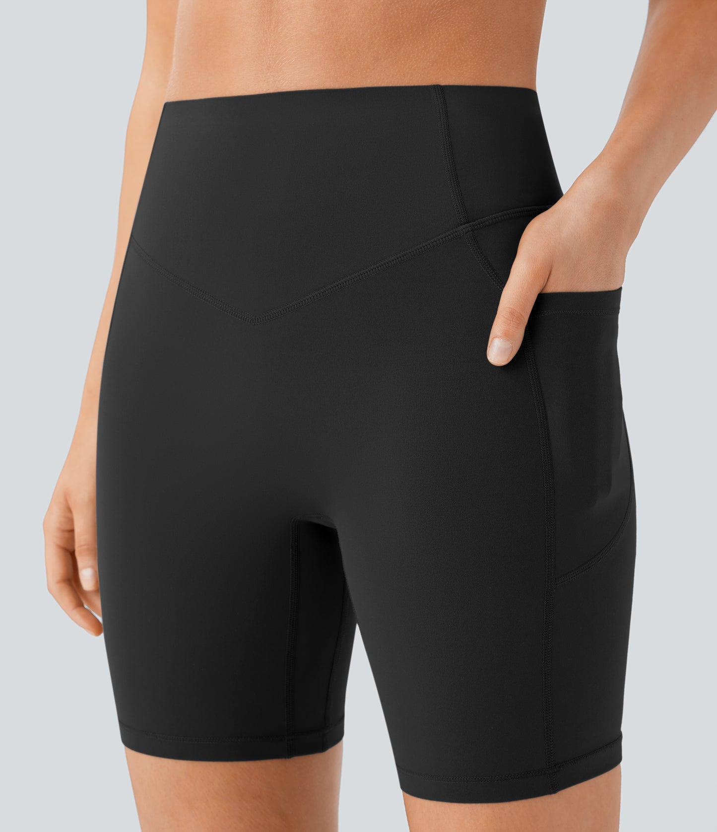 Høy midje, skrumpet rumpeløftende, magekontroll, formende treningsbiker-shorts med sidelommer, 18 cm