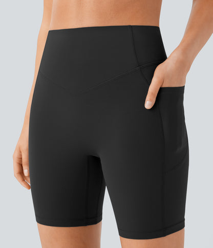 Høy midje, skrumpet rumpeløftende, magekontroll, formende treningsbiker-shorts med sidelommer, 18 cm
