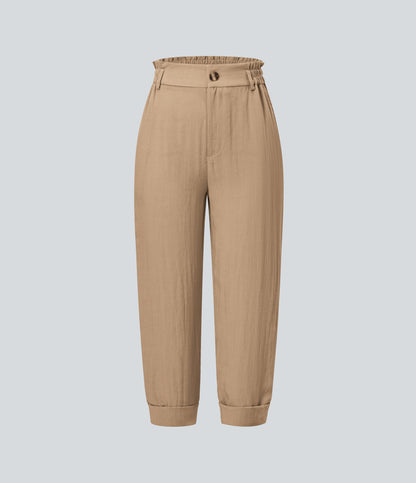 High Waisted Zipper Pocket Capri Linen-Feel Pants