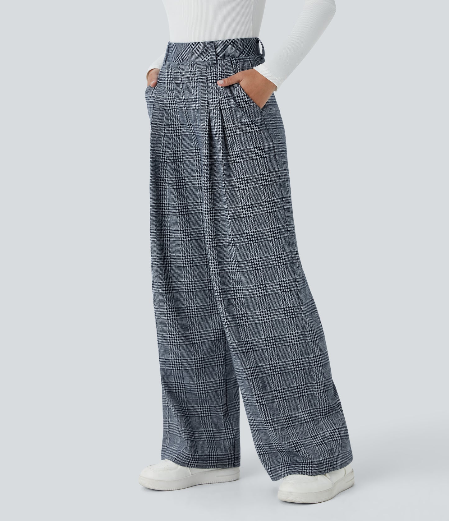 High Waisted Pocket Wide Leg Houndstooth Plaid Casual Pants
