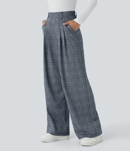 High Waisted Pocket Wide Leg Houndstooth Plaid Casual Pants