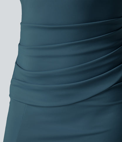 Square Neck Backless Corset Ruched Split Bodycon Midi Cool Touch Bridesmaid and Wedding Guest Dress