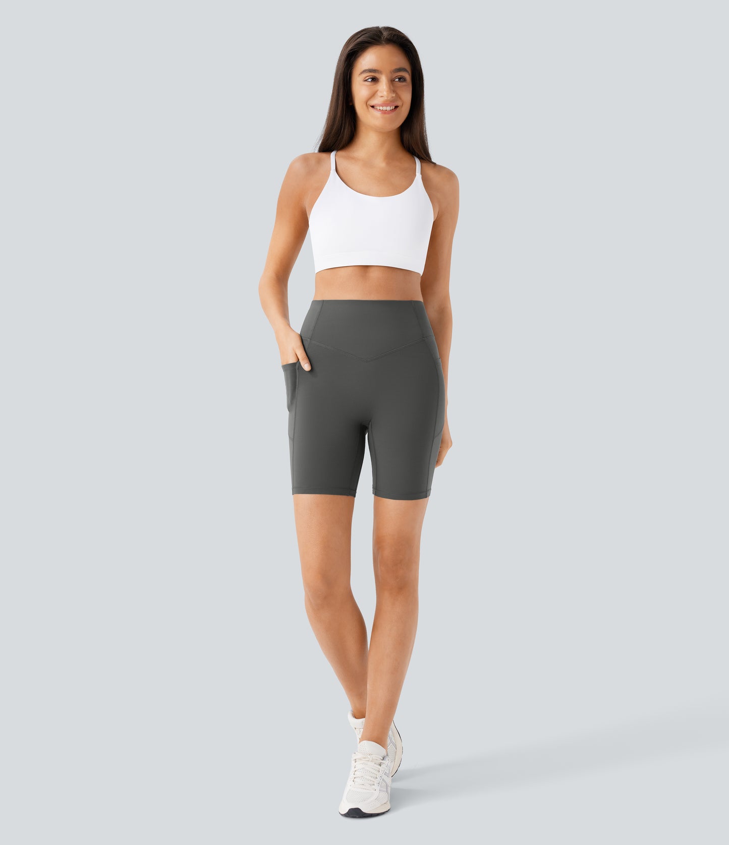 Høy midje, skrumpet rumpeløftende, magekontroll, formende treningsbiker-shorts med sidelommer, 18 cm