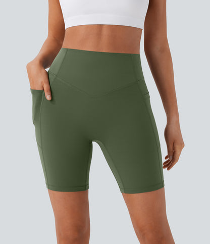 Høy midje, skrumpet rumpeløftende, magekontroll, formende treningsbiker-shorts med sidelommer, 18 cm