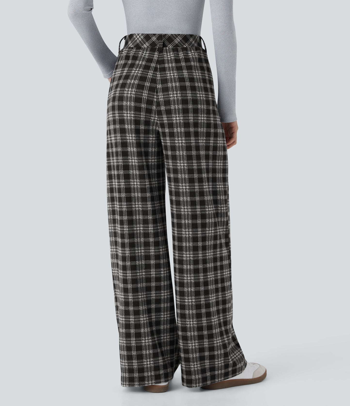 High Waisted Pocket Wide Leg Houndstooth Plaid Casual Pants