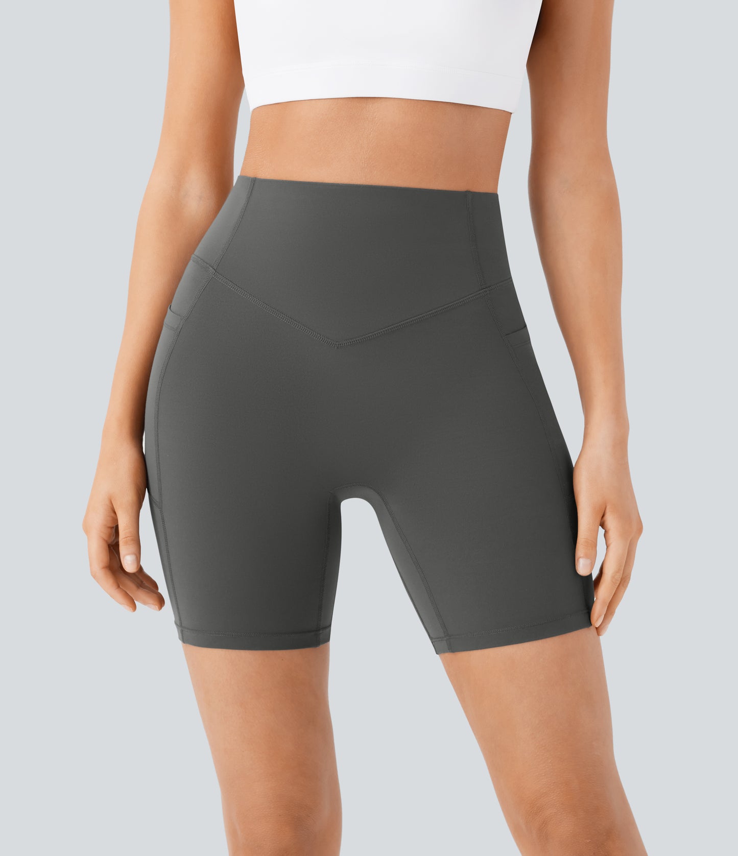 Høy midje, skrumpet rumpeløftende, magekontroll, formende treningsbiker-shorts med sidelommer, 18 cm