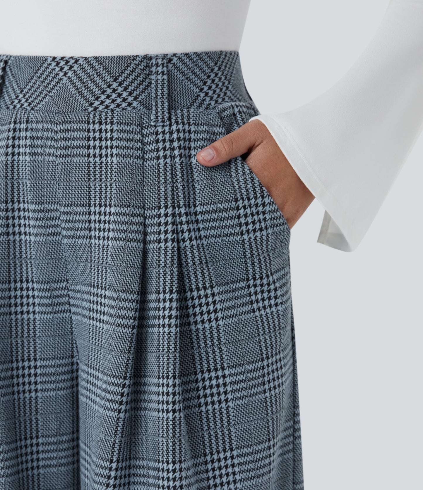 High Waisted Pocket Wide Leg Houndstooth Plaid Casual Pants