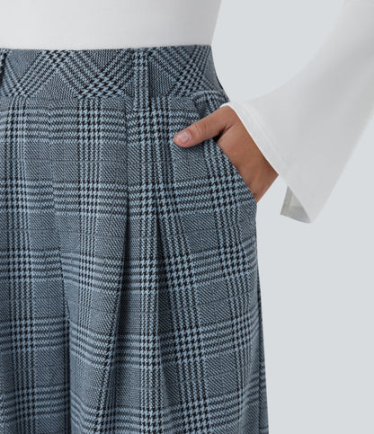 High Waisted Pocket Wide Leg Houndstooth Plaid Casual Pants