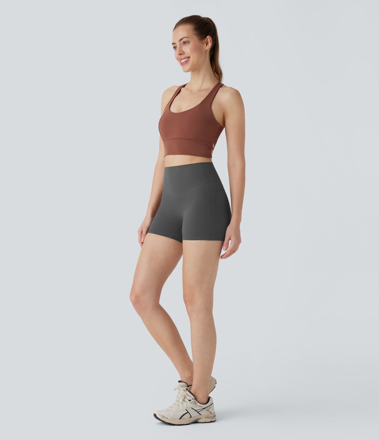 Hoch taillierte, bauchkontrollierende, formende Trainings-Bikershorts mit Tasche, 3 Zoll