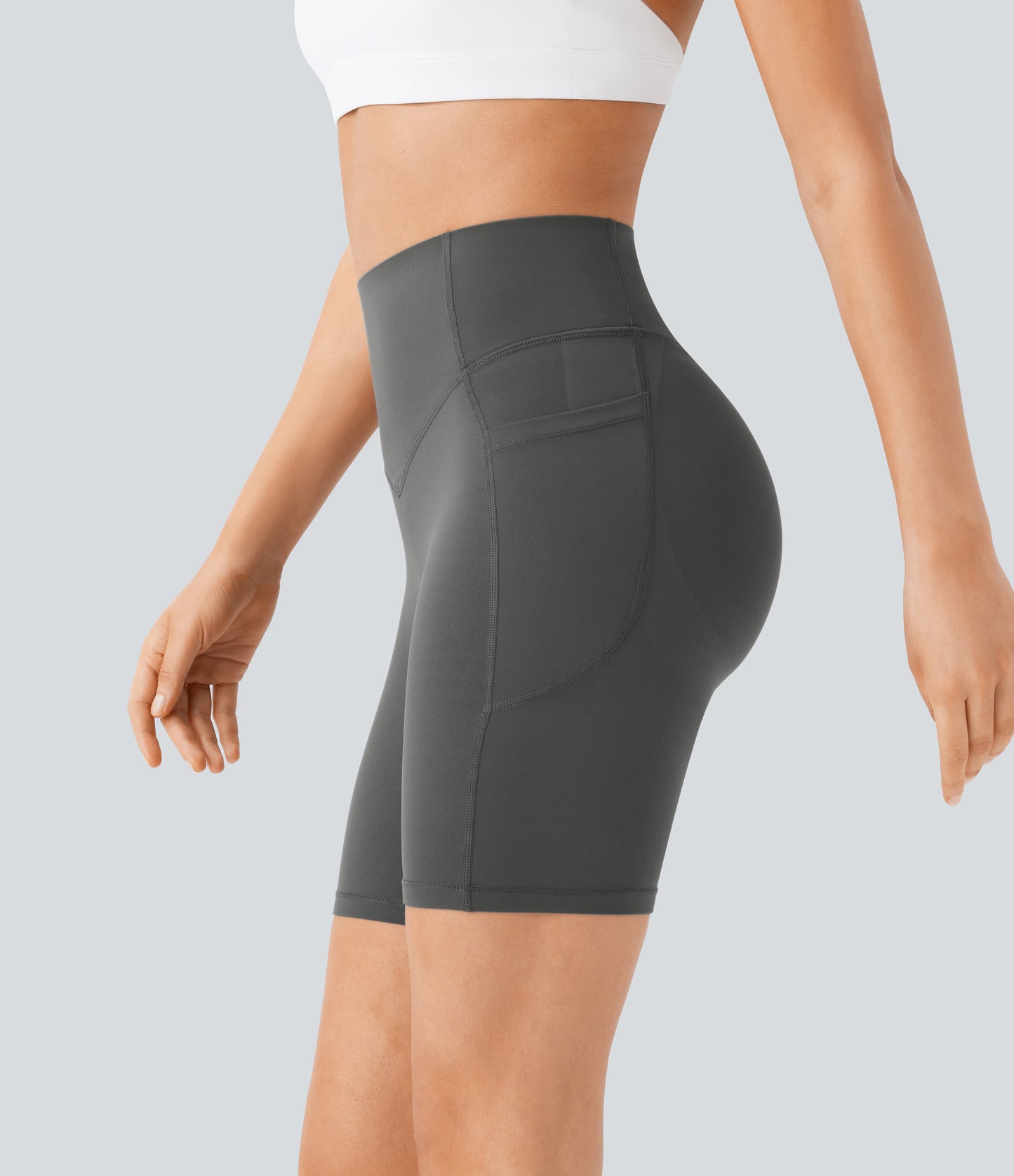 Høy midje, skrumpet rumpeløftende, magekontroll, formende treningsbiker-shorts med sidelommer, 18 cm