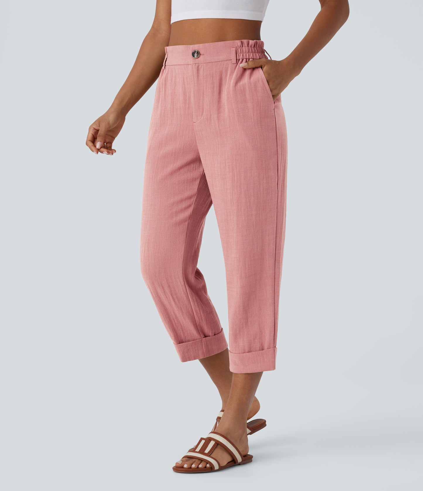 High Waisted Zipper Pocket Capri Linen-Feel Pants