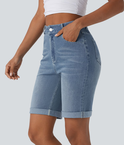 Lässige Bermuda-Shorts aus gewaschenem Denim mit hoch taillierten Taschen und gerolltem Saum