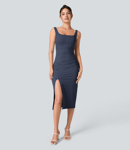 Square Neck Backless Corset Ruched Split Bodycon Midi Cool Touch Bridesmaid and Wedding Guest Dress