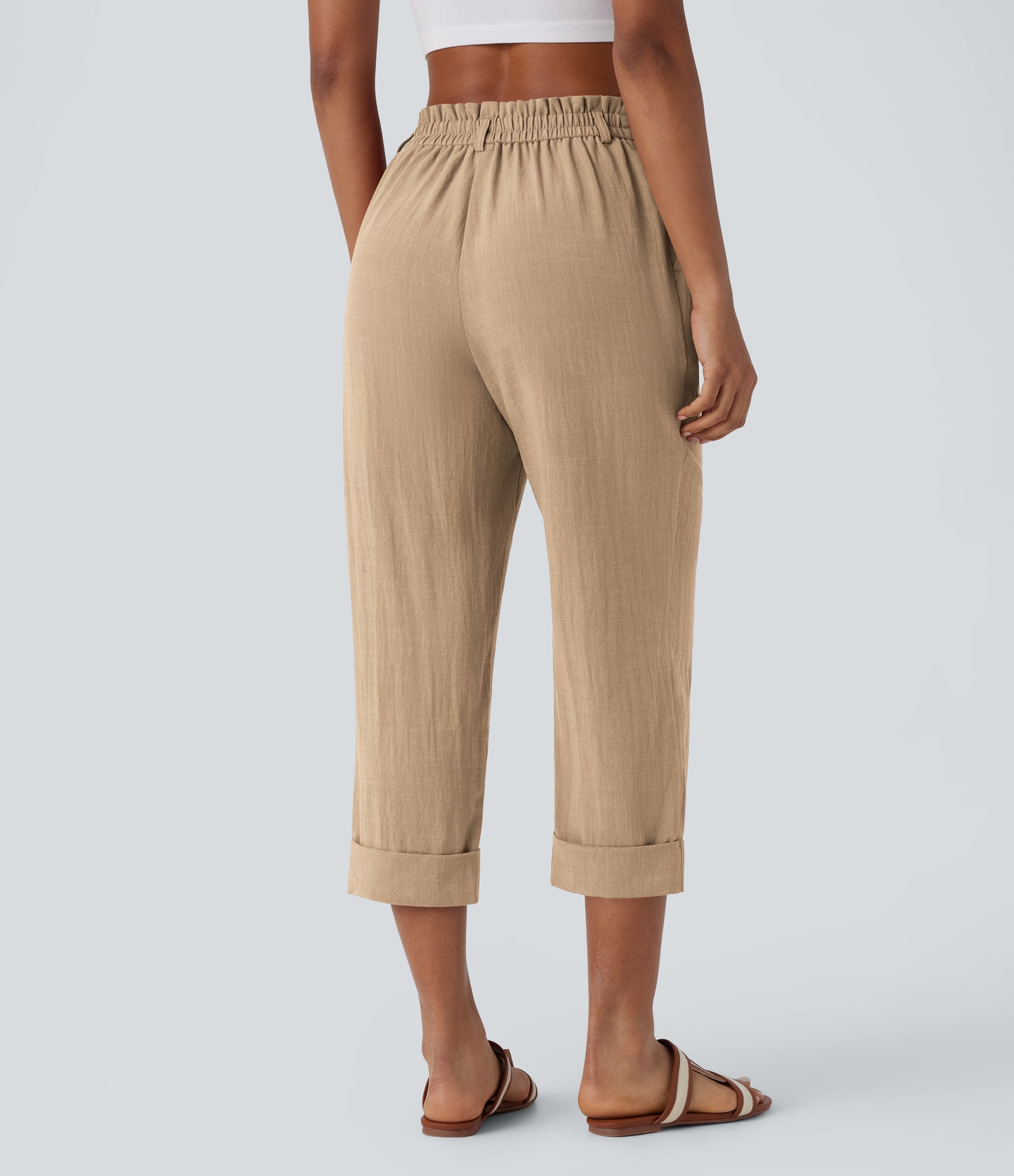 High Waisted Zipper Pocket Capri Linen-Feel Pants