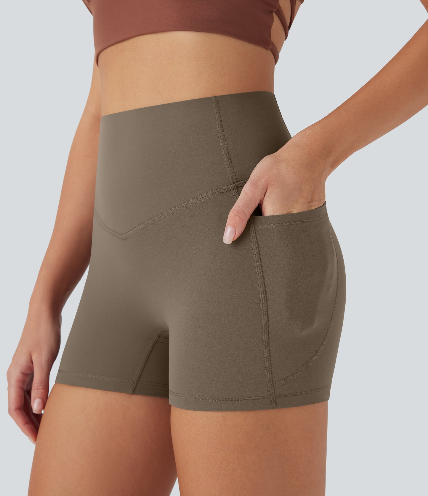 Hoch taillierte, bauchkontrollierende, formende Trainings-Bikershorts mit Tasche, 3 Zoll