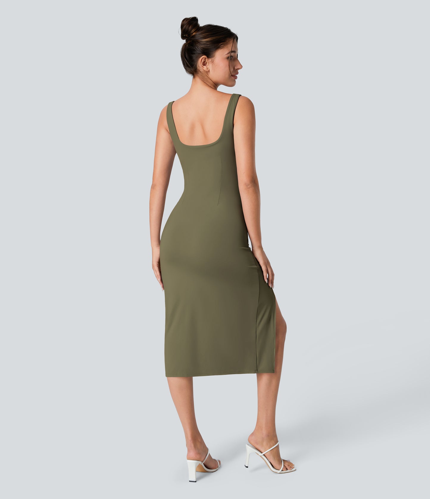 Square Neck Backless Corset Ruched Split Bodycon Midi Cool Touch Bridesmaid and Wedding Guest Dress