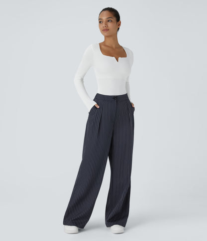 High Waisted Zipper Pocket Wide Leg Striped Work Pants