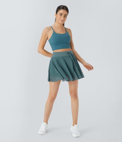 High Waisted Drawstring Contrast Mesh 2-in-1 Pocket Flowy Mini Flare Casual Skirt