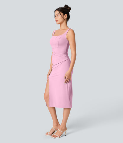 Square Neck Backless Corset Ruched Split Bodycon Midi Cool Touch Bridesmaid and Wedding Guest Dress