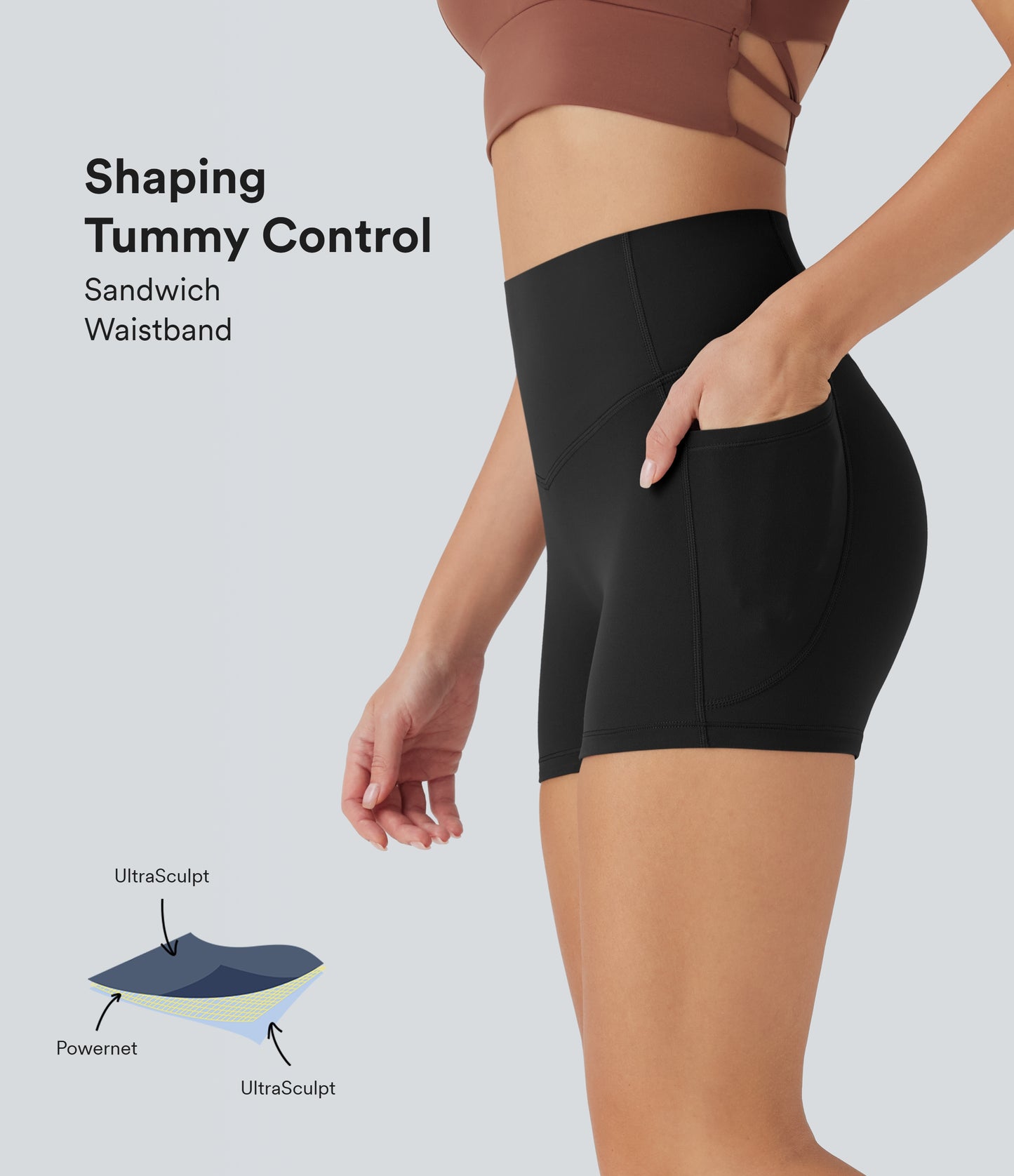 Hoch taillierte, bauchkontrollierende, formende Trainings-Bikershorts mit Tasche, 3 Zoll