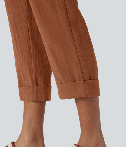 High Waisted Zipper Pocket Capri Linen-Feel Pants