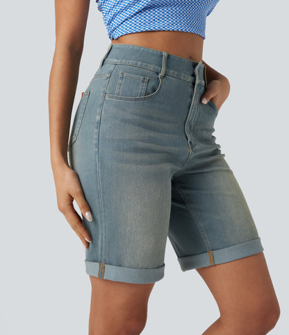 Lässige Bermuda-Shorts aus gewaschenem Denim mit hoch taillierten Taschen und gerolltem Saum