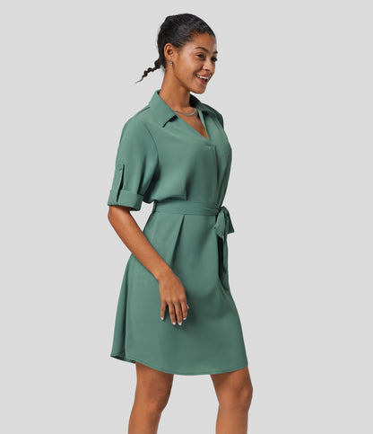 Roll Up Sleeve Belted Relaxed Work Shirt Dress
