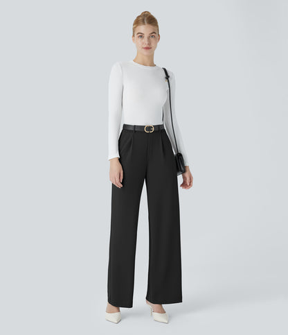 High Waisted Pocket Straight Leg Crepe Work Pants