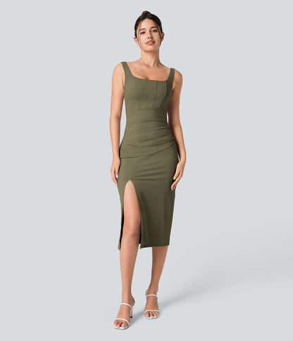 Square Neck Backless Corset Ruched Split Bodycon Midi Cool Touch Bridesmaid and Wedding Guest Dress