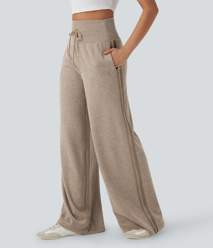 High Waisted Tummy Control Drawstring Wide Leg Color Block Casual Pants with Pockets