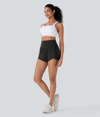 Schnelltrocknende Yoga-Shorts mit hoher Taille, überkreuztem Saum und Tasche