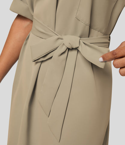 Roll Up Sleeve Belted Relaxed Work Shirt Dress