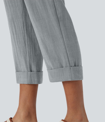 High Waisted Zipper Pocket Capri Linen-Feel Pants
