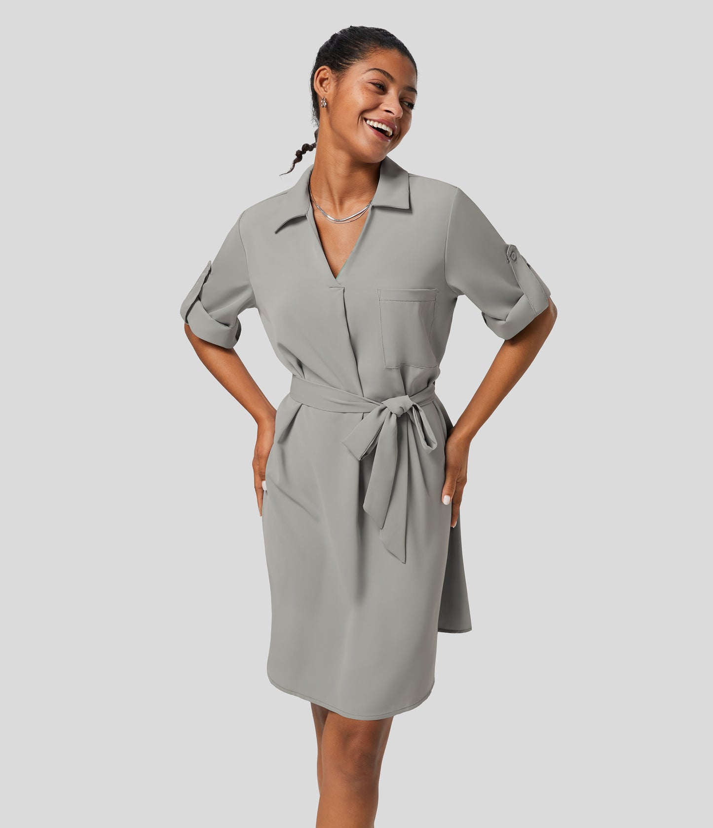 Roll Up Sleeve Belted Relaxed Work Shirt Dress