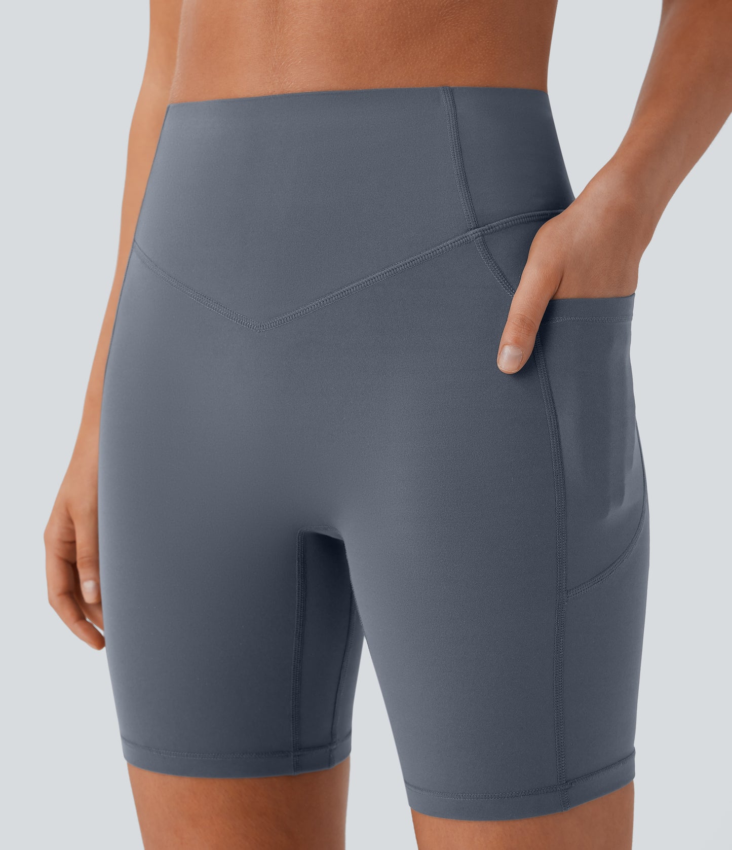 Høy midje, skrumpet rumpeløftende, magekontroll, formende treningsbiker-shorts med sidelommer, 18 cm