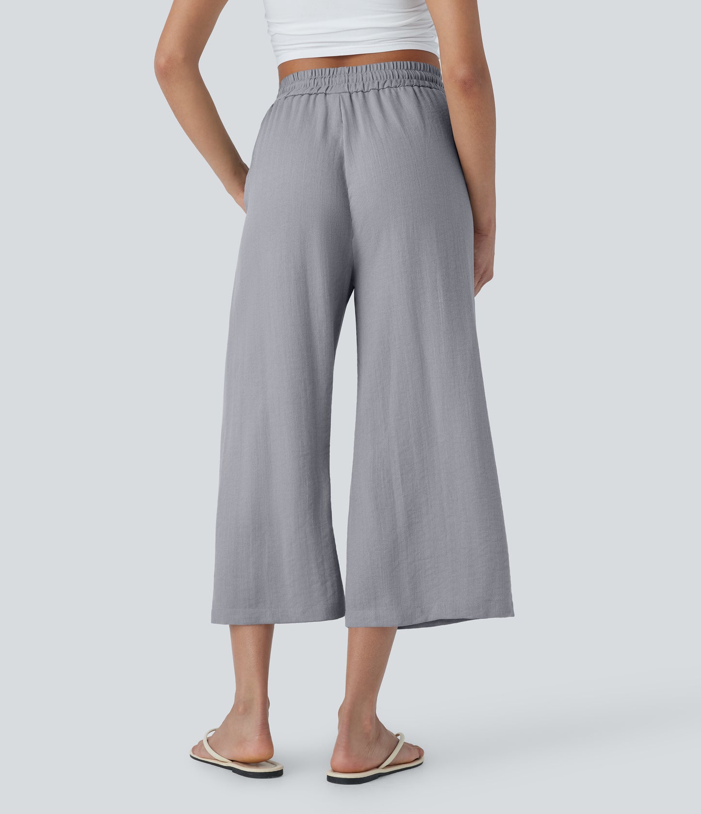 High Waisted Drawstring Wide Leg Cropped Casual Linen-Feel Pants with Pockets