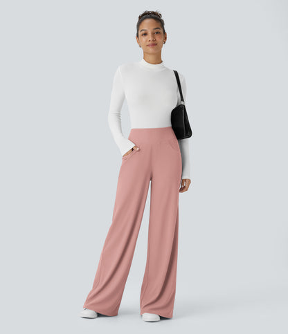 High Waisted Tummy Control Pockets Wide Leg Micro Waffle Work Pants