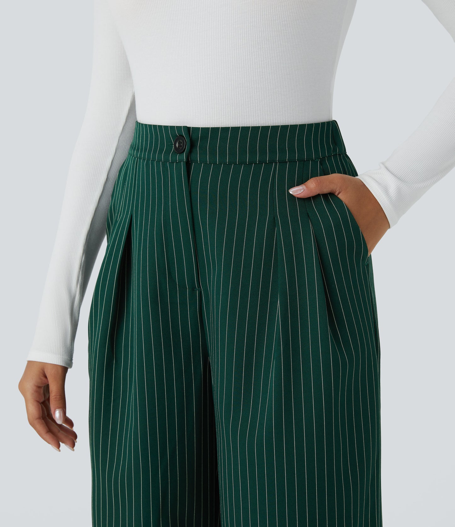 High Waisted Zipper Pocket Wide Leg Striped Work Pants