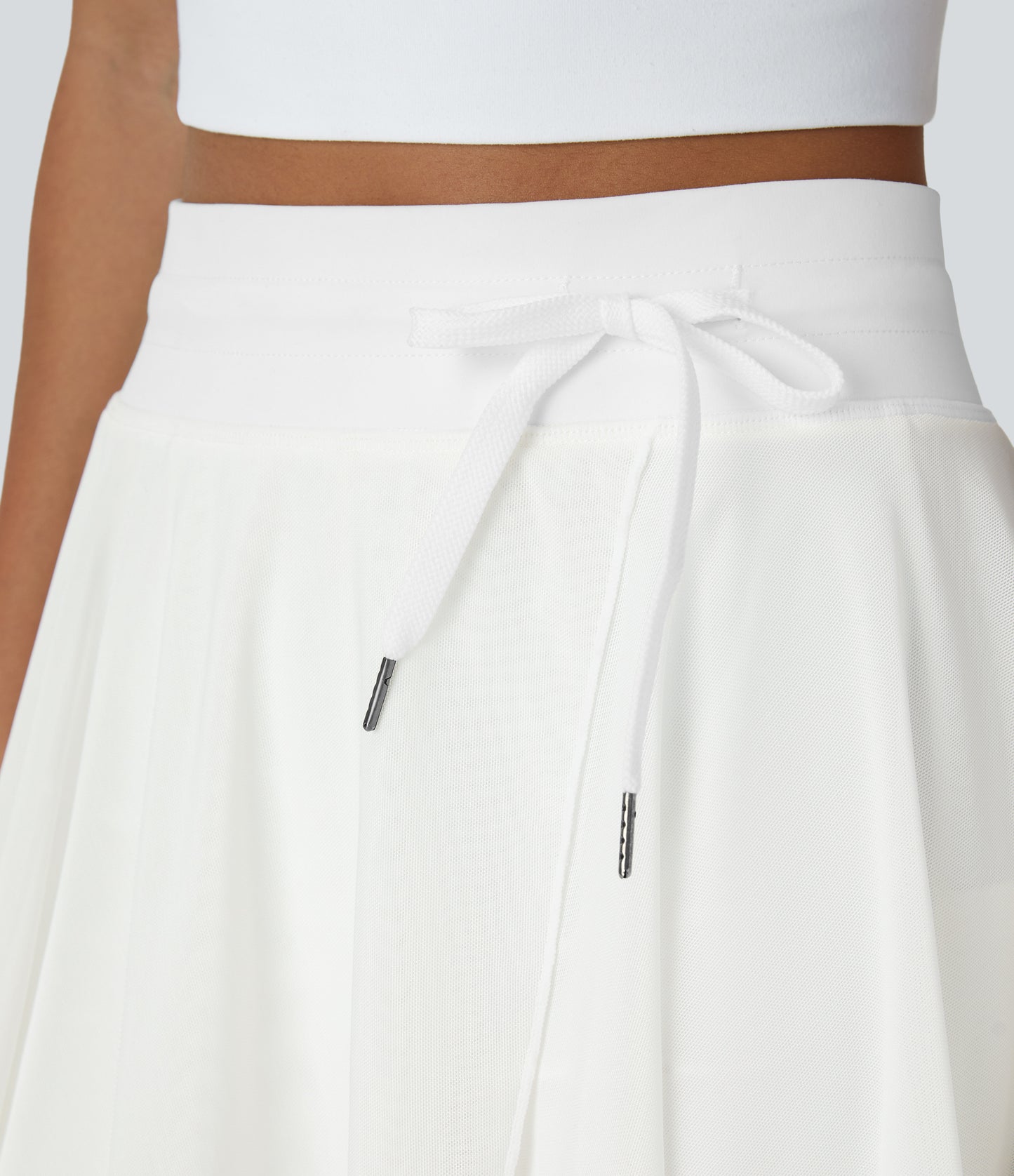 High Waisted Drawstring Contrast Mesh 2-in-1 Pocket Flowy Mini Flare Casual Skirt