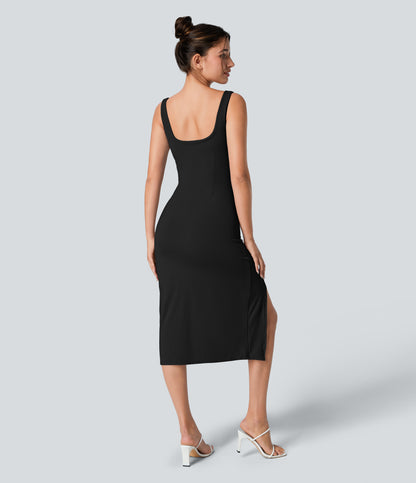 Square Neck Backless Corset Ruched Split Bodycon Midi Cool Touch Bridesmaid and Wedding Guest Dress