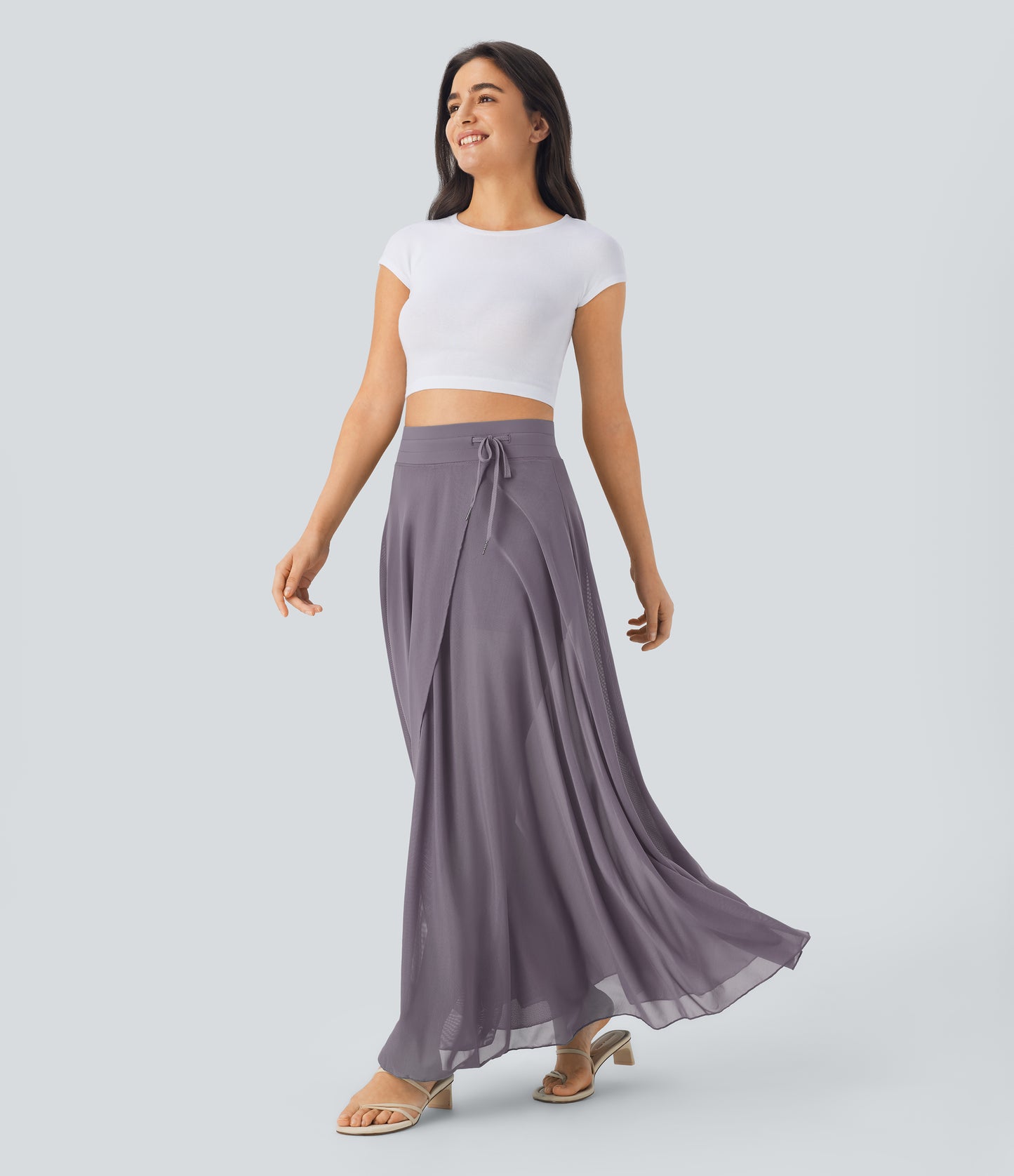 High Waisted Drawstring Contrast Mesh 2-in-1 Pocket Flowy Maxi Flare Casual Skirt