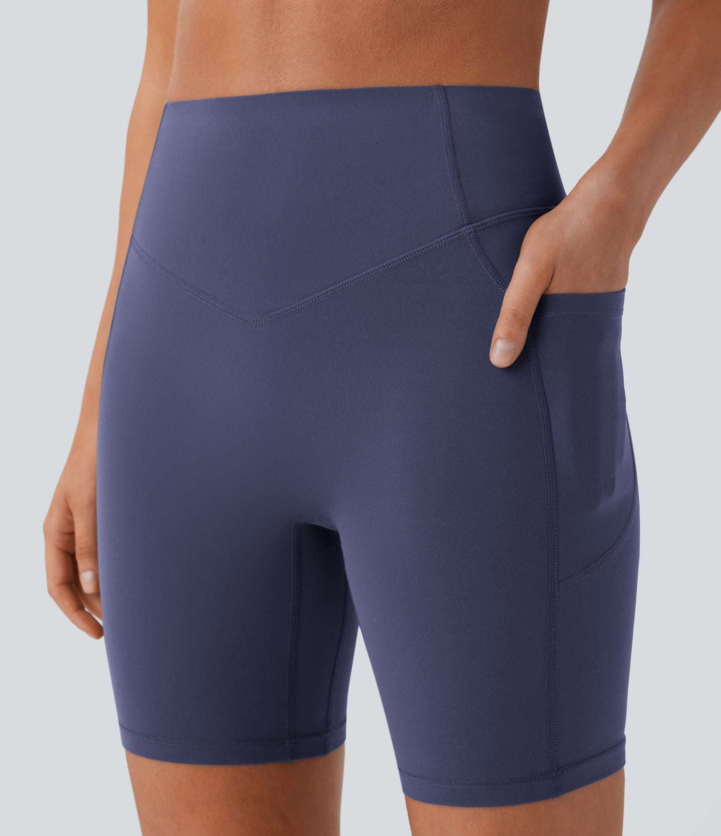 Høy midje, skrumpet rumpeløftende, magekontroll, formende treningsbiker-shorts med sidelommer, 18 cm