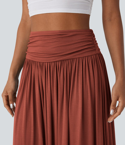High Waisted Ruched Flowy Maxi Casual Skirt